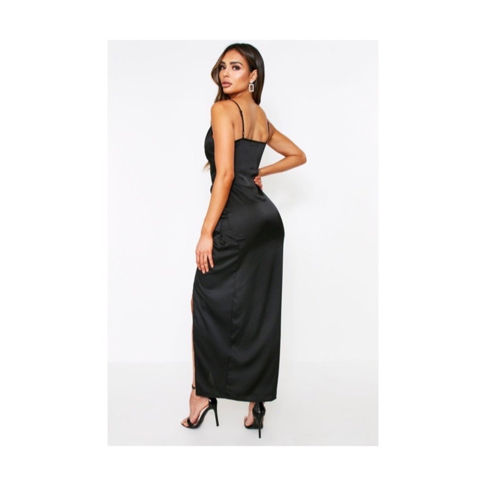 NEW Black Satin Slit Maxi Dress w/ Hook and eye - Picture 3 of 12